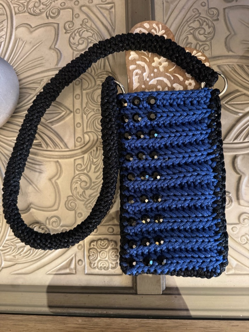 Handwoven Blue /Black Beaded Crossbody  perfect for cellphone